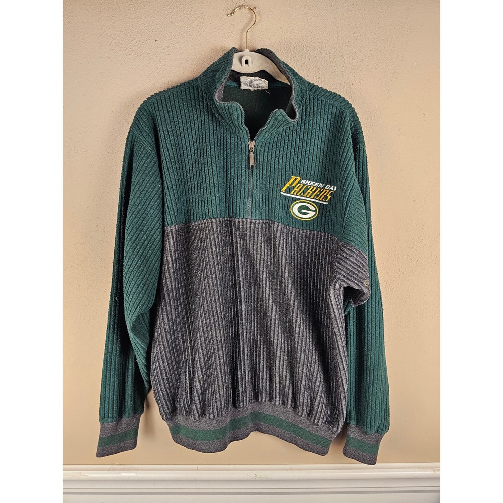 Vintage‎ Lee Sport Ribbed Gray Green Bay Packers 1/4 Zip Pullover Sweater Medium